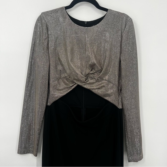 Black Halo Angie Flared Leg Jumpsuit Cutout Metallic Silver Bodice Romper 12 - Picture 12 of 17